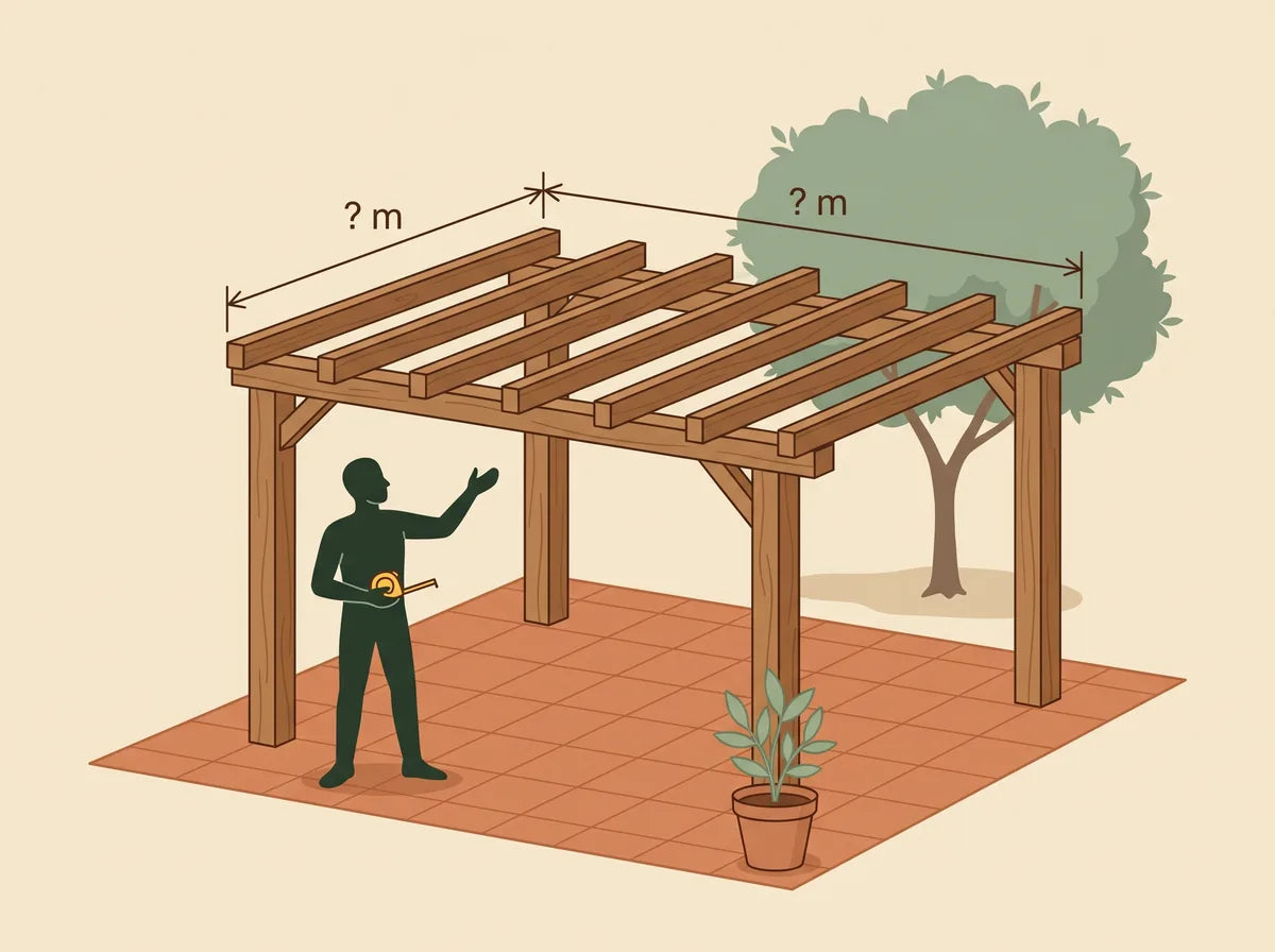 Ausmessen einer Pergola vor der Montage des Sonnensegels