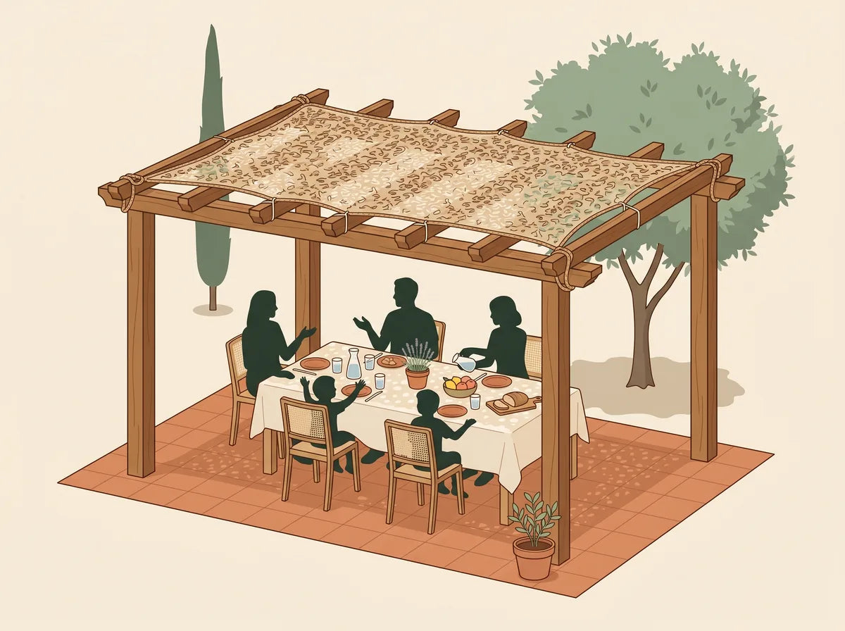 An einer Pergola befestigtes Sonnensegel, fertiges Ergebnis